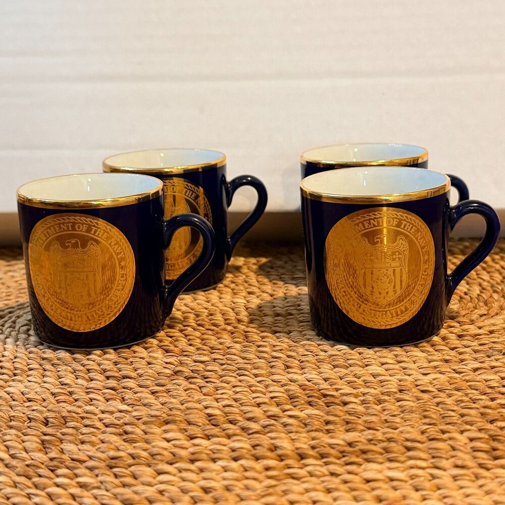 Naval Investigative Service NIS Navy Cobalt Gold Demitasse Cups Set of 4